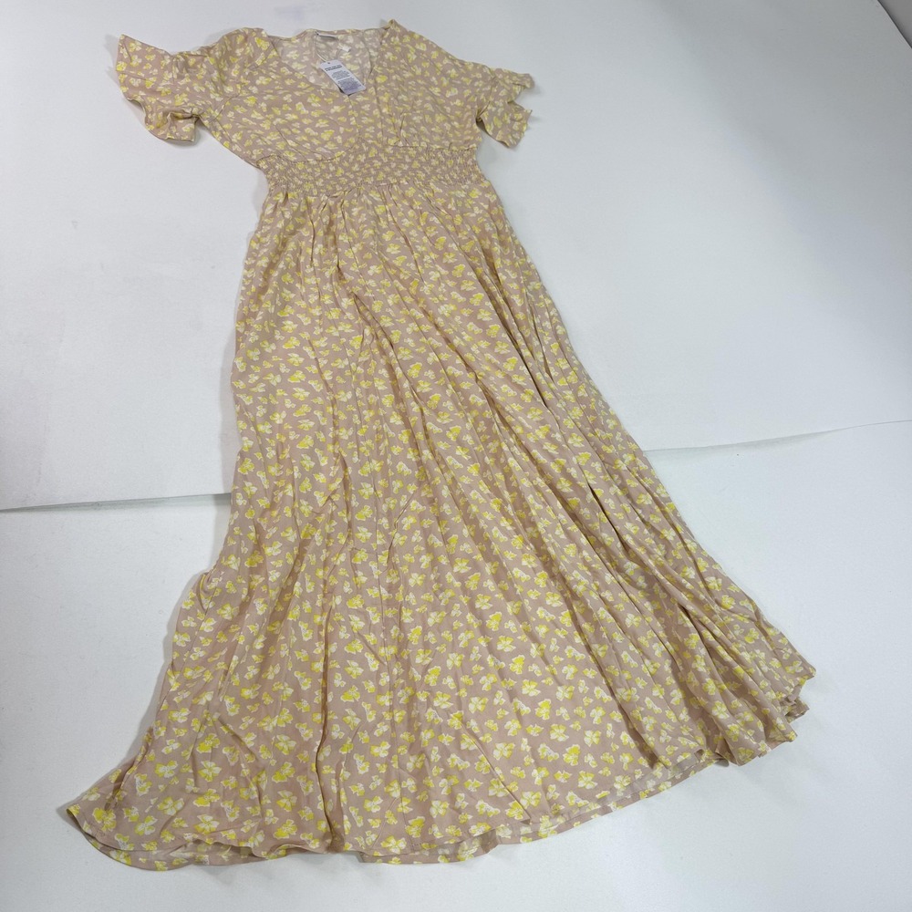 Lascana Dress Womens 8 Beige Yellow Floral Maxi Short Sleeve Smocked Boho